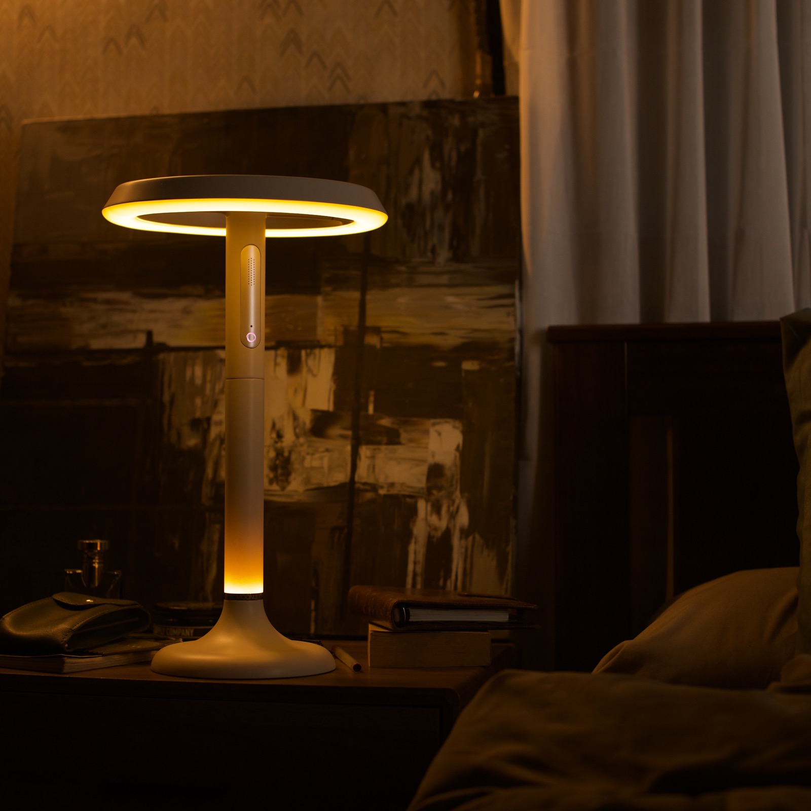 Close bedside view of Sunflower X casting a warm light in a dark room