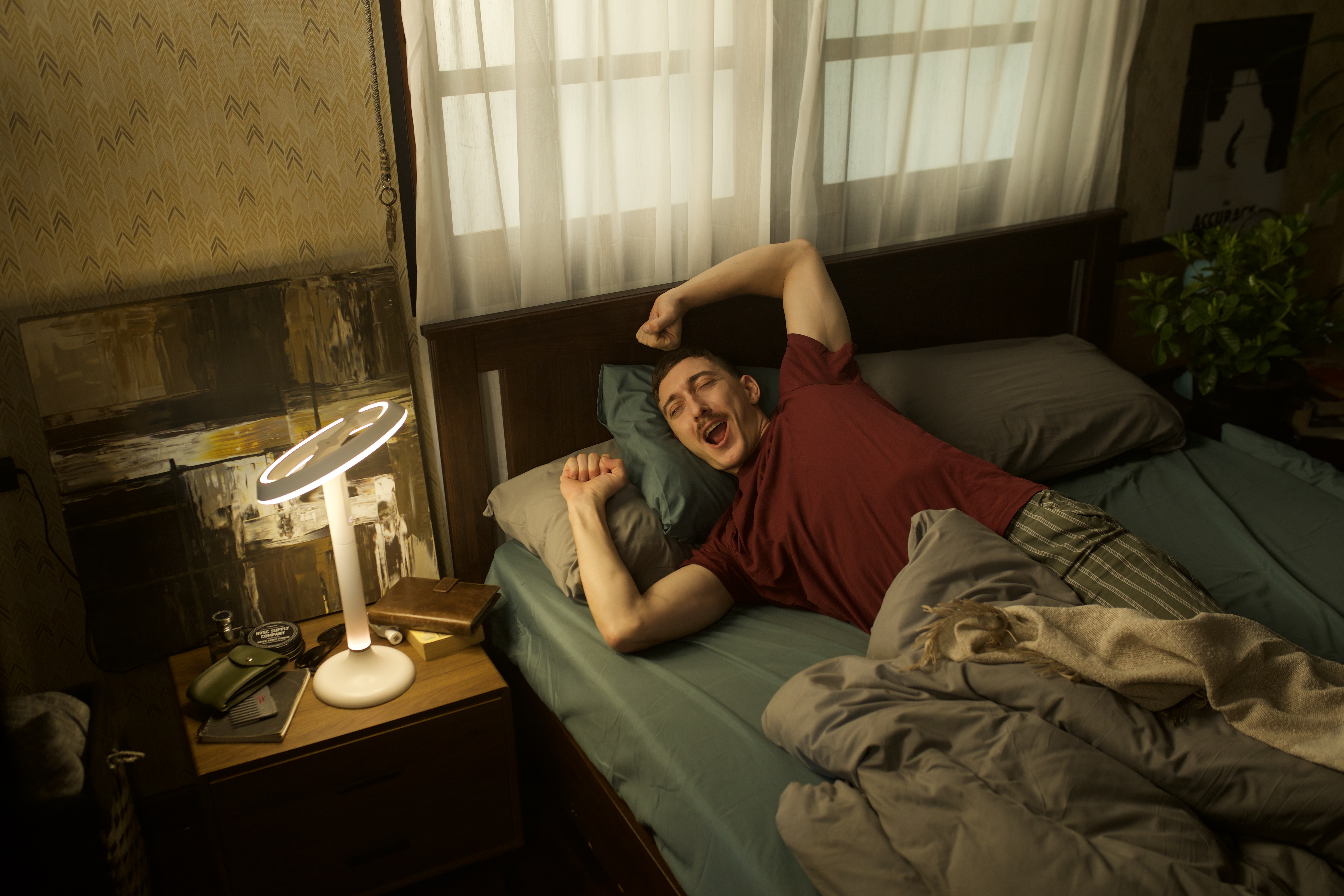 Sunflower X beside a bed during a wake-up moment